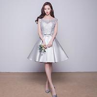 Knee-length Satin Bridesmaid Dress - Ball Gown Jewel with Lace / Pockets