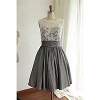 Knee-length Lace / Taffeta Bridesmaid Dress - A-line Jewel with Bow(s) / Lace / Pleats