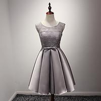 Knee-length Satin Bridesmaid Dress - A-line Jewel with Sash / Ribbon