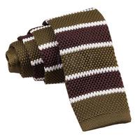 Knitted Olive Green Brown with White Thin Stripe Tie