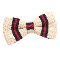 Knitted Cream with Red & Navy Thin Stripe Bow Tie