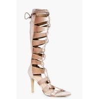 Knee High Lace Up Gladiator Heel - gold