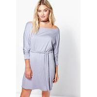 Knot Front Slash Neck Shift Dress - grey