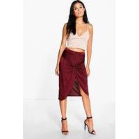 Knot Front Slinky Midi Skirt - berry