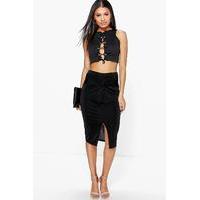 Knot Front Textured Slinky Midi Skirt - black