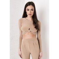 Knot Detail Long Sleeve Crop Top in Camel