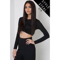 knot detail long sleeve crop top in black