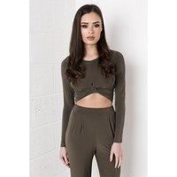 knot detail long sleeve crop top in khaki