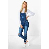 Knee Rip Denim Dungarees - mid blue