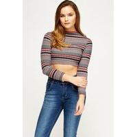 Knitted Striped High Neck Crop Top