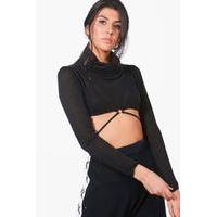 Knitted Extreme Crop Roll Neck Top - black