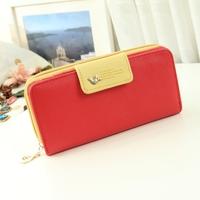 Korean Fashion Women Lady Purse PU Leather Contrast Color Multi Card Slots Wallet Long Purse