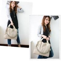 Korean Women Lady Woven Weaving Chain Shoulder Messenger Bag Hobo Three Ways Handbag PU Leather Beige