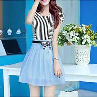 korean version of slim round neck short sleeved striped chiffon skirt  ...