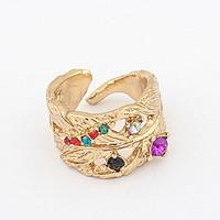 Korean Style Fashion Multicolor Rhinestone Leaf Cuff Ring Statement Jewelry