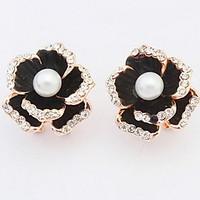 korean style fashion black luxury elegant flower pearl rhinestone earr ...