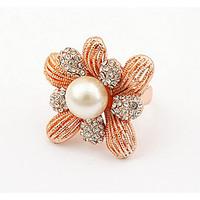 Korean Style Gold Elegant Rhinestone Luxury Fine Pearl Flower Ring Party Gift Jewelry
