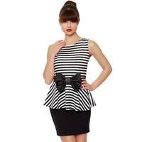 Kristine Striped Bow Peplum Top - Black White