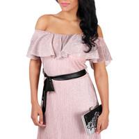 krisp ruffle neck lurex bardot dress womens dress in pink