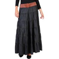 Krisp Belted Tiered Denim Maxi Skirt women\'s Skirt in black