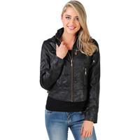 Krisp Detachable Hood Cropped Biker Jacket women\'s Leather jacket in black