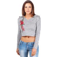 krisp embroidered cropped hoodie top womens sweatshirt in grey