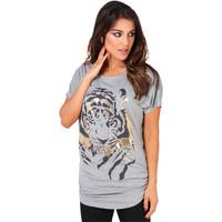 krisp tiger foil print top womens t shirt in grey