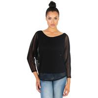 Krisp Layered Fishnet Batwing Top women\'s Sweater in black