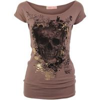 Krisp Boat Neck Skull Foil Print Top women\'s T shirt in brown