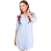 Krisp Longline Shirt with Floral Applique women\'s Long sleeved Shirt in blue