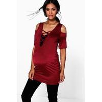 Kylie Open Shoulder Lace Up Top - berry