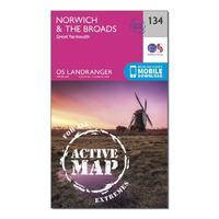 Landranger Active 134 Norwich & The Broads, Great Yarmouth Map With Digital Version