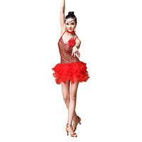 Latin Dance Outfits Women\'s Performance Sequined Ruched / 4 Pieces Gold / Red / Sky blue