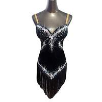 Latin Dance Dresses Women\'s Performance Velvet Crystals/Rhinestones Tassel(s) 1 Piece Sleeveless Natural Dress