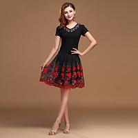 Latin Dance Dress 2 Pieces Women\'s Performance Tulle/Milk Fiber Black / Fuchsia / Red / Burgundy-Tops Embroidery-Skirts
