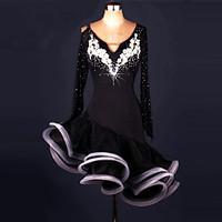 Latin Dance Dresses Women\'s Performance Spandex Organza Appliques Crystals/Rhinestones 1 Piece Long Sleeve Dress
