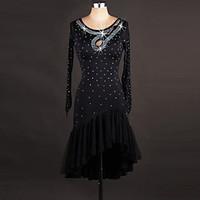 Latin Dance Dresses Women\'s Performance Spandex Organza Crystals/Rhinestones 1 Piece Long Sleeve Dress
