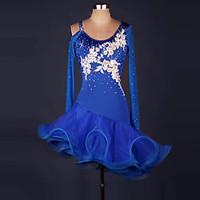 Latin Dance Dresses Women\'s Performance Spandex Organza Ruffles Crystals/Rhinestones Flower(s) Splicing 1 Piece Long Sleeve High Dress