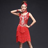 Latin Dance Dresses Women\'s Performance Spandex Polyester Crystals/Rhinestones Sequins Tassel(s) 4 Pieces Sleeveless HighDress Neckwear