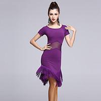Latin Dance Dresses Women\'s Performance Rayon / Tulle Tassel(s) 1 Piece Latin Dance Short Sleeve Natural Dress