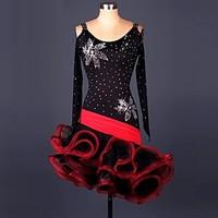 Latin Dance Dresses Performance Spandex Lace Organza Ruffles Crystals/Rhinestones 1 Piece Long Sleeve High Dress