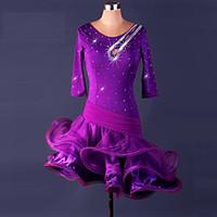Latin Dance Dresses Women\'s Performance Spandex Organza Ruffles Crystals/Rhinestones 1 Piece 3/4 Length Sleeve High Dress