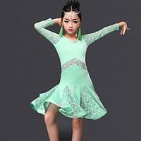 Latin Dance Dresses Children\'s Performance Milk Fiber Lace Ruffles 1 Piece Long Sleeve Dress