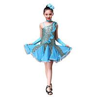 Latin Dance Dresses Children\'s Performance / Sequined Ruched / Sequins 5 Pieces Red / Yellow / Sky blue