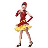 Latin Dance Outfits Children\'s Performance Ruched / Leopard 4 Pieces Red / Coffee