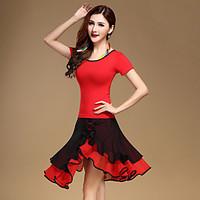 Latin Dance Dress TopsSkirts Women\'s Performance Cotton / Tulle / Milk Fiber Ruched 2 Pieces Red Color