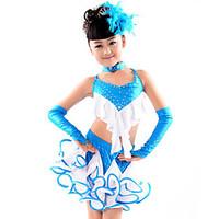 Latin Dance Outfits Children\'s Performance Cotton Spandex Polyester Ruffles 5 Pieces Top Skirt Gloves Neckwear