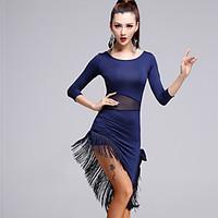 Latin Dance Dresses Women\'s Performance Tulle / Milk Fiber Tassel 2 Pcs Black / Dark Blue Latin Dance 3/4 Length Sleeve