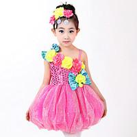 Latin Dance Dresses Children\'s Performance Polyester Ruffles Appliques Flower(s) Sequins Splicing Color Block 4 Pieces Sleeveless High