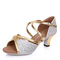 latin womens dance shoes sandals paillette cuban heel goldsilver